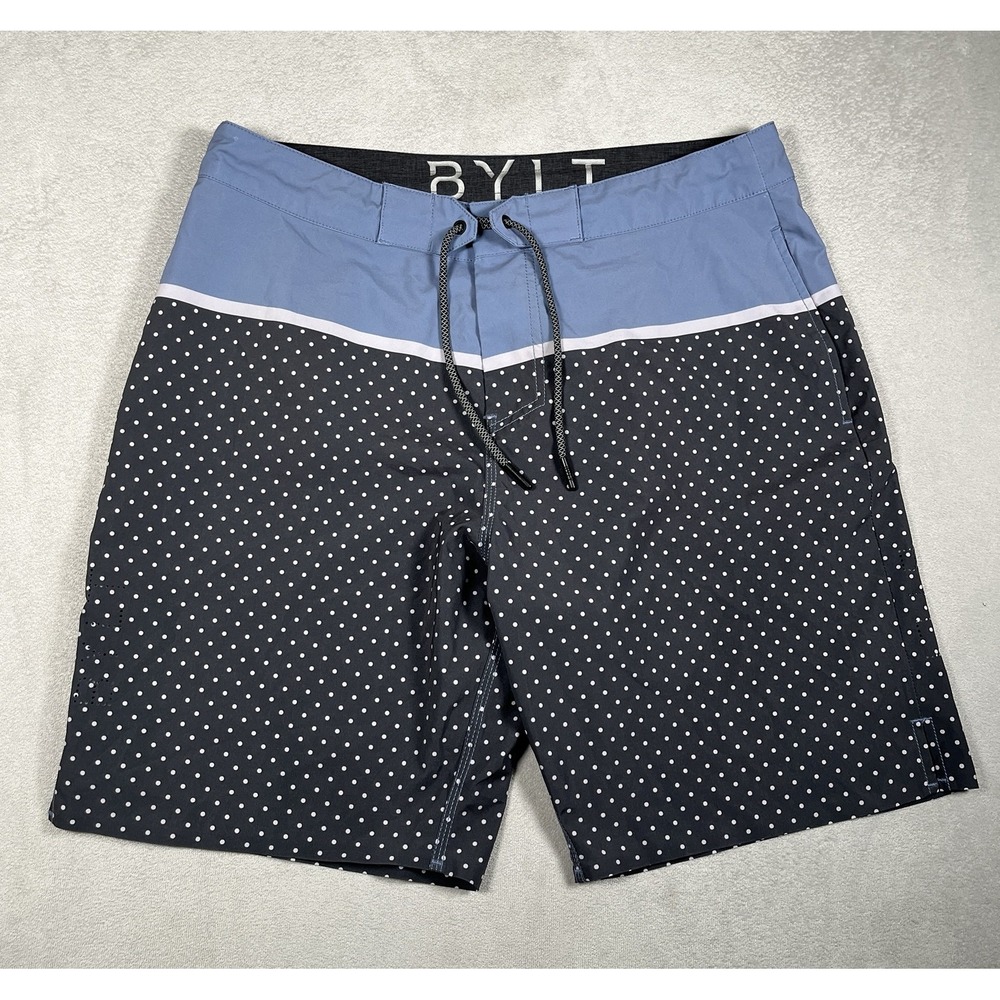 BYLT Premium Basics Mens Large Coastal Boardshort Swim Trunks Polka Dot Blue 8.5